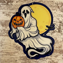 Load image into Gallery viewer, Spooky Ghost &amp; Pumpkin Metal Sign / Wall Art