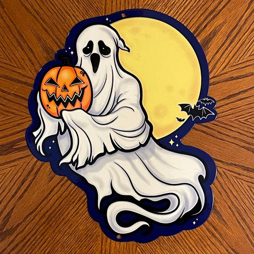 Spooky Ghost & Pumpkin Metal Sign / Wall Art